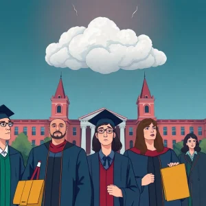 Michigan State University campus with a dramatic sky reflecting uncertainty.