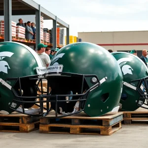 Three large helmets available for auction at Michigan State University Surplus Store