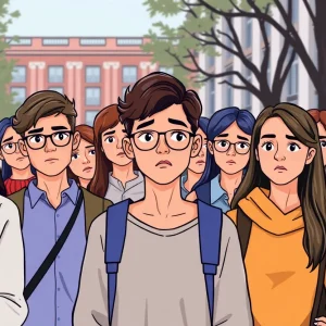 A group of international students on campus looking worried about visa issues.