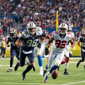 Football players competing in an NFL game