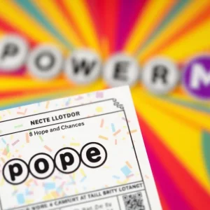 Vibrant image of a Powerball ticket with jackpot graphics.