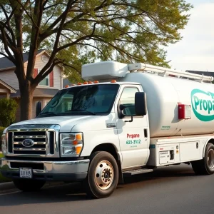 A propane delivery truck parked in a residential area.