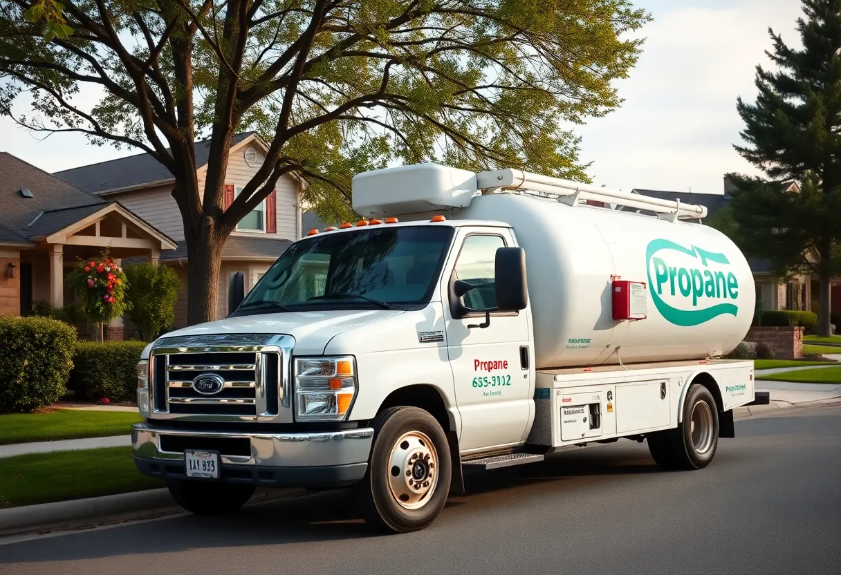 A propane delivery truck parked in a residential area.