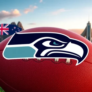 Seattle Seahawks logo with Australian and New Zealand skyline