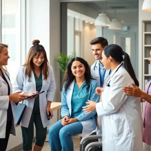 Healthcare advocates assisting patients in a modern office