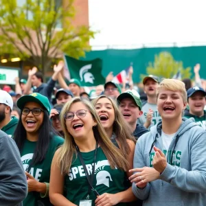Fans showing support and reflection after a basketball game in East Lansing.
