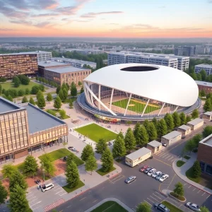Conceptual image of the Spartan Gateway District development in East Lansing, showcasing the Olympic sports arena.