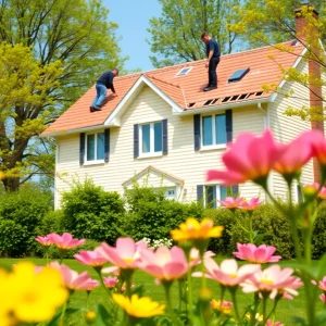 Workers performing roof checks on a house surrounded by blooming flowers in spring.