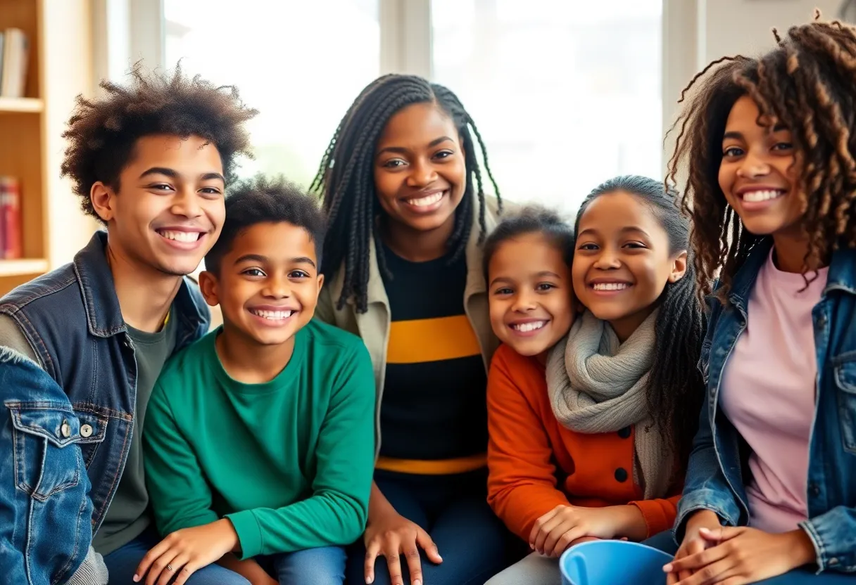 Group of young adults celebrating their independence and support in a nurturing environment.