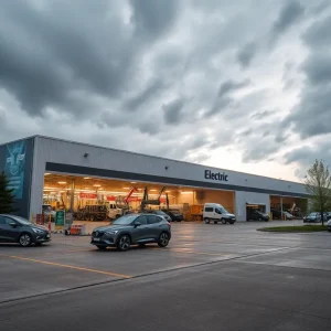 Overview of a Tesla manufacturing plant with electric vehicles being assembled