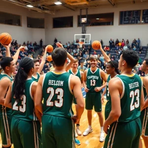 Basketball players celebrating a team member's transfer to NC State