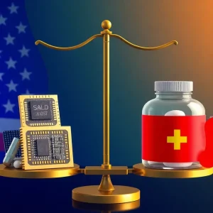 Illustration of trade tariffs related to semiconductors and pharmaceuticals.