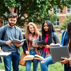 Diverse university students discussing academic freedom outdoors.