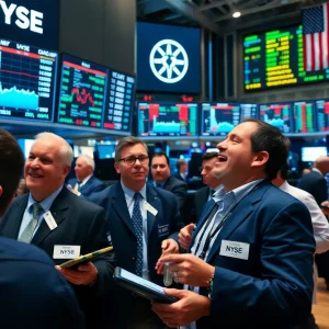 Traders on the stock exchange floor celebrating market gains
