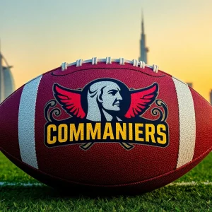 Washington Commanders logo with UAE skyline
