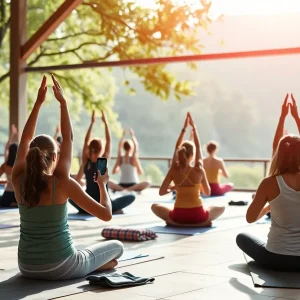 Diverse individuals practicing yoga in a serene environment while engaging with smartphones.