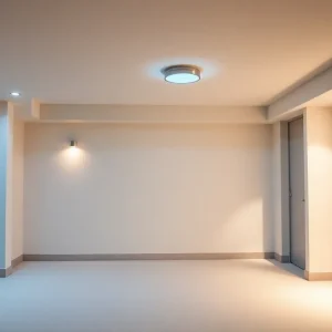 Bright basement with various lighting fixtures highlighting cozy features.