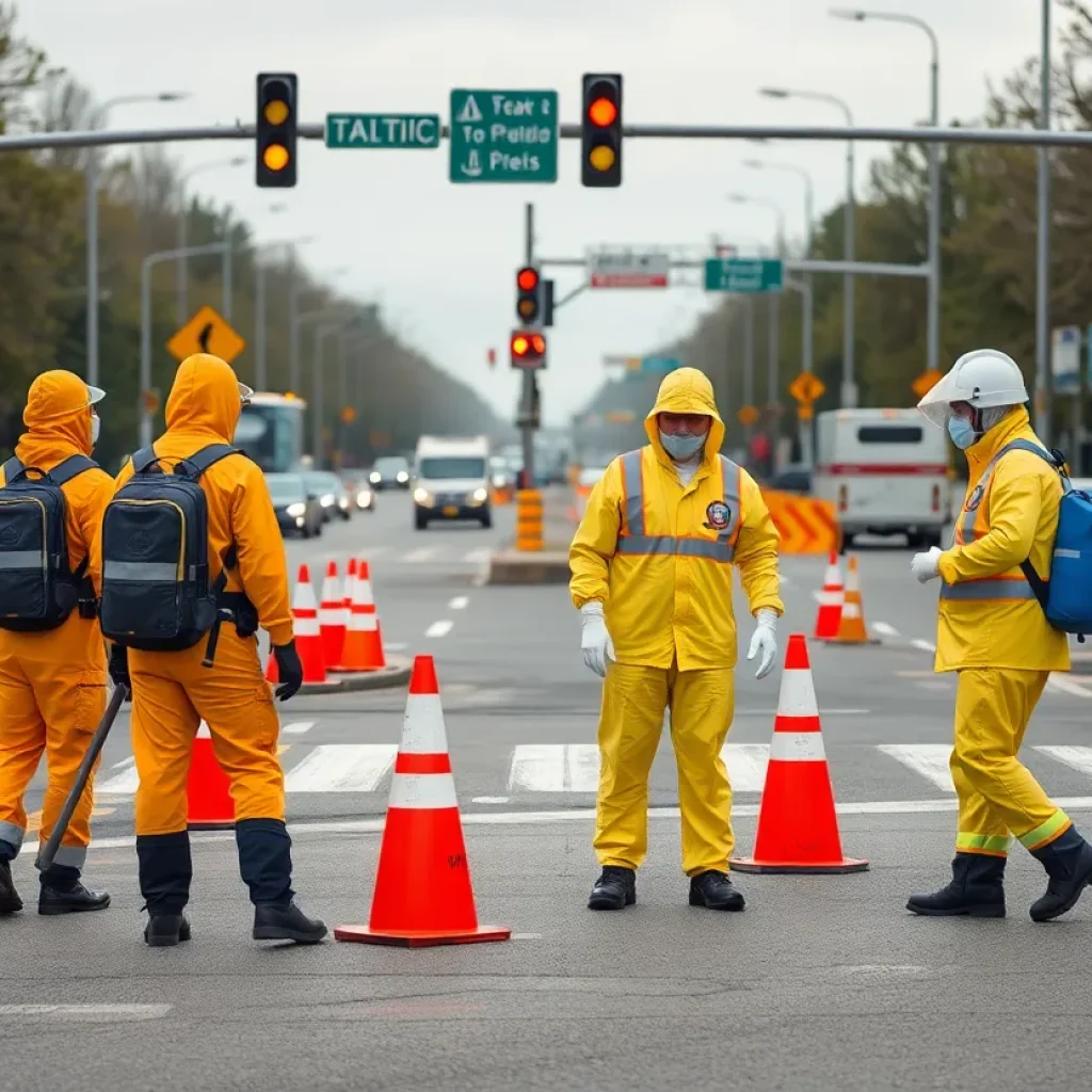 Emergency personnel in hazmat suits working on a hazardous material spill cleanup