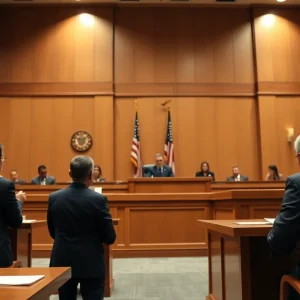 Courtroom scene for labor trafficking trial