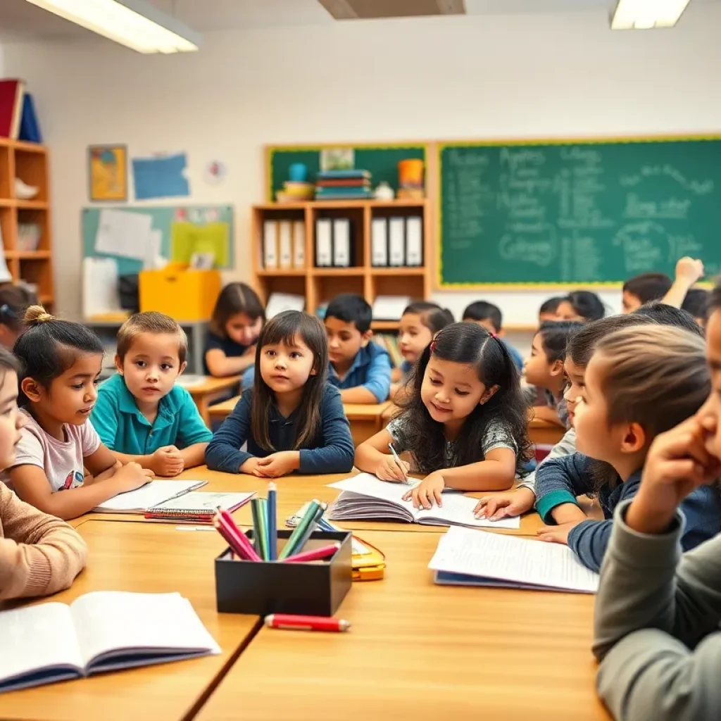 A classroom filled with students engaged in learning activities under the guidance of a caring teacher.