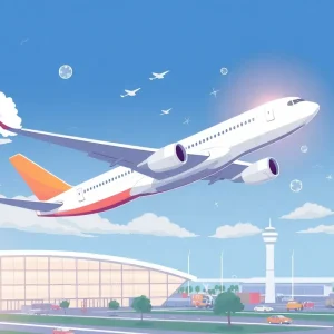 Airbus aircraft in flight with an airport in the background.