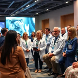 Healthcare professionals at ASCO Conference discussing cancer treatment advances.