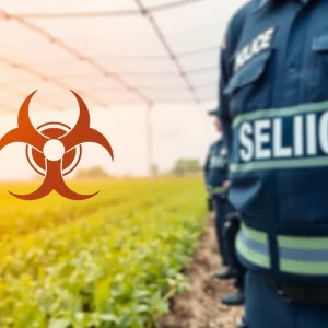 Biosecurity measures with crops and biohazard symbol
