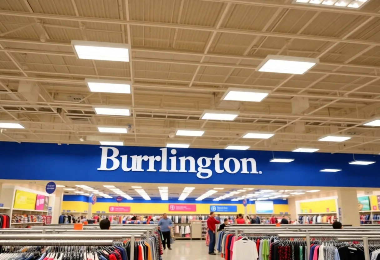 Interior of a Burlington store with displays of discounted products