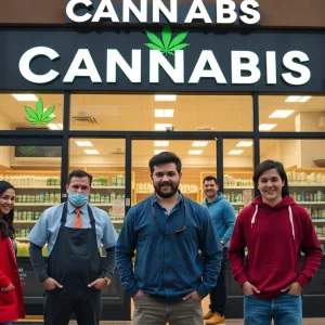 Workers at a cannabis dispensary smiling and engaging with customers