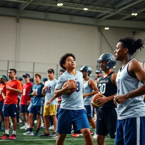Group of college athletes in training session on the field