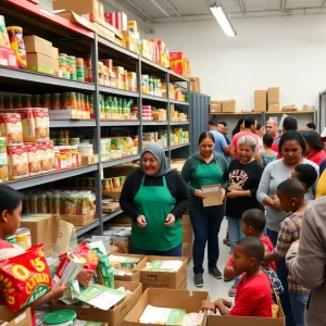 Volunteers at a food bank providing assistance to families