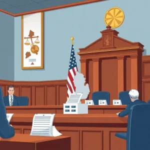 Illustration of a courtroom discussing election integrity issues in Michigan