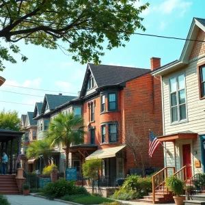 A scene of urban revitalization with homes being renovated and people engaging in community activities