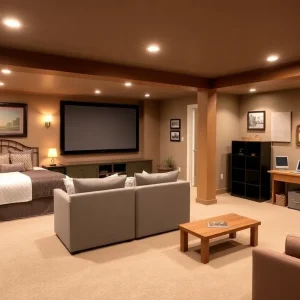 Interior view of a creatively finished basement with multiple functional areas