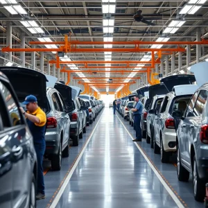 Workers assembling vehicles at GM assembly plant