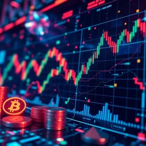 Illustration of cryptocurrency trading with digital coins and charts.