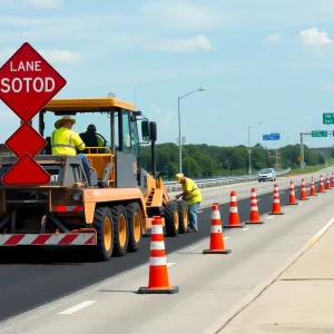Workers resurfacing M-45 road in Michigan with construction equipment.