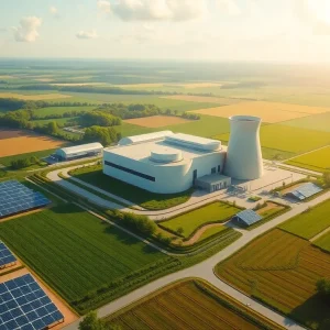 Modern nuclear power plant with solar panels