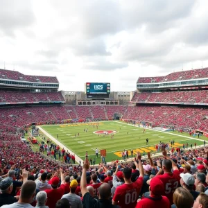 A vibrant college football stadium with fans cheering and showing their support for the team.