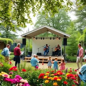 Families enjoying live music in a beautiful garden setting