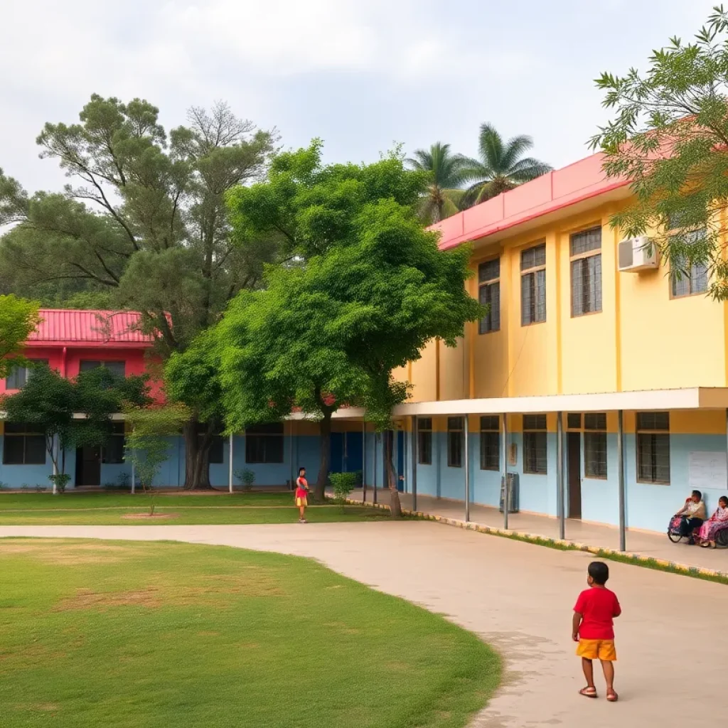 An exterior view of New Morning School surrounded by trees and children playing.