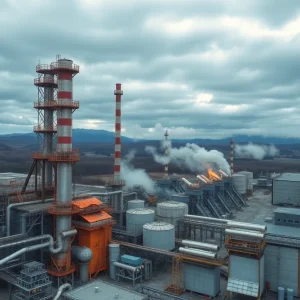 Industrial view of Tomago aluminium smelter with machinery under cloudy skies.