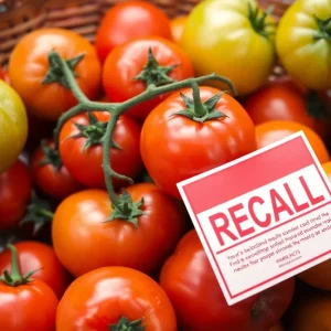 Fresh tomatoes with a recall warning label.