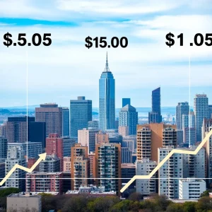 Illustration representing the trends in the U.S. rental market with apartment buildings and price fluctuations.