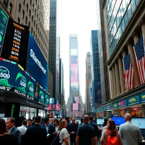 A vibrant Wall Street trading floor buzzing with activity and positive market trends.