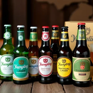 Variety of Yuengling beer products displayed on a wooden table with Michigan scenery in the background.