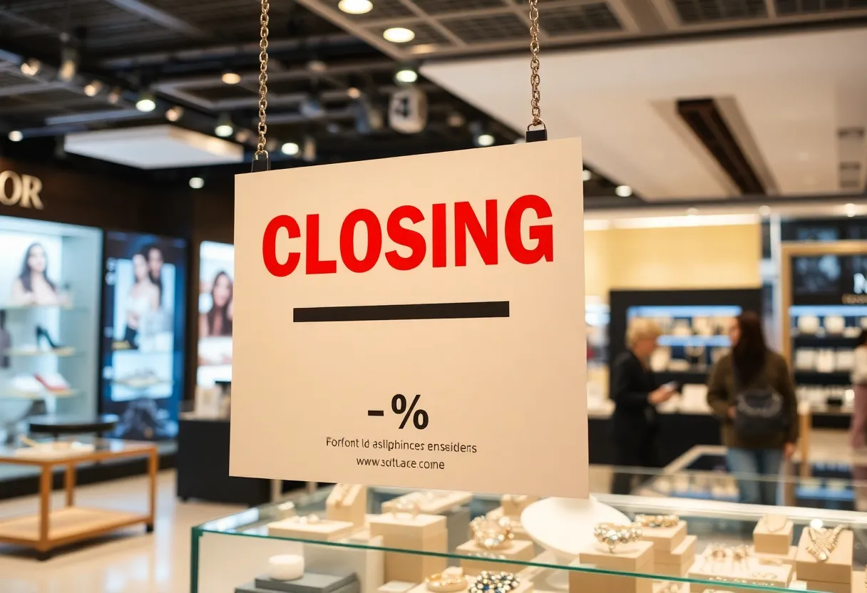 Sign announcing Claire's store closing sale with jewelry accessories around it.