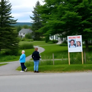 Community members placing flyers for a missing person in Plymouth, Maine.