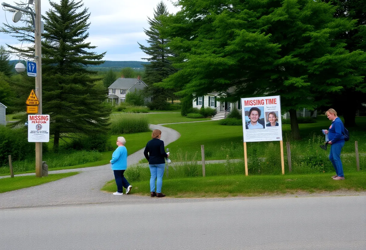 Community members placing flyers for a missing person in Plymouth, Maine.