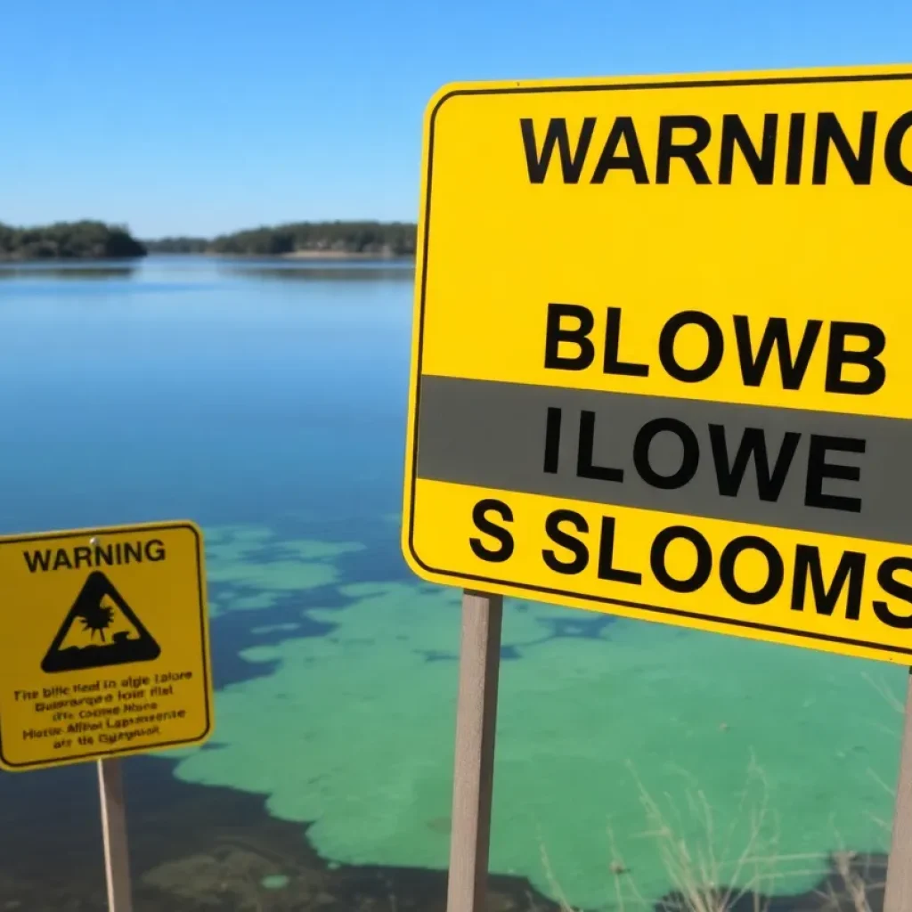 Warning signs at Cub Creek Lake regarding harmful algal blooms.